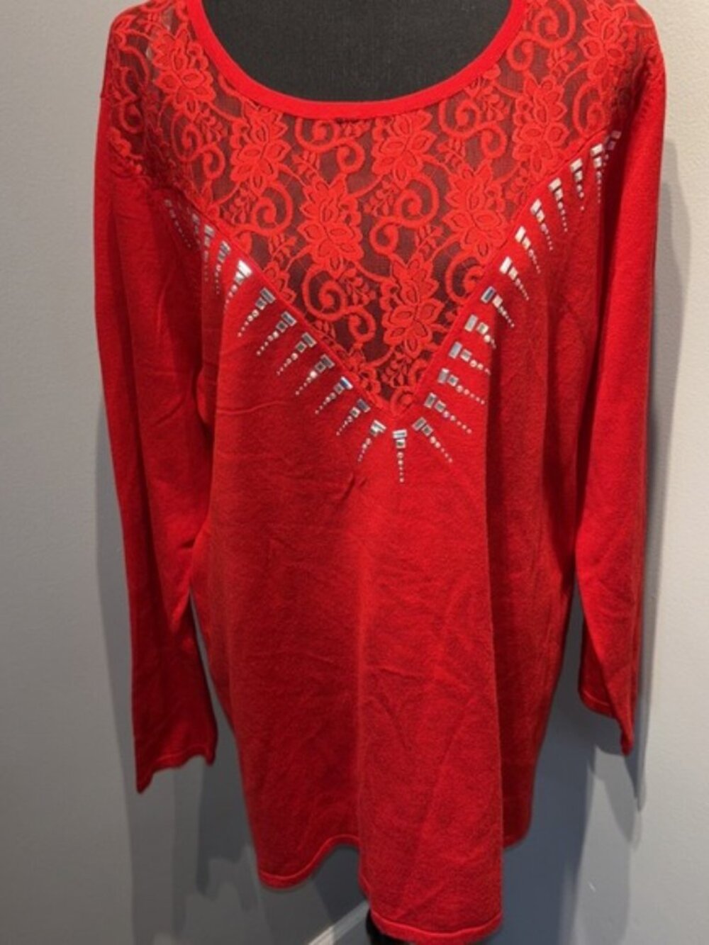 Womens Blouse Red Lace Bodice Studded‎ Embellishments Long Sleeve Size 3XL
